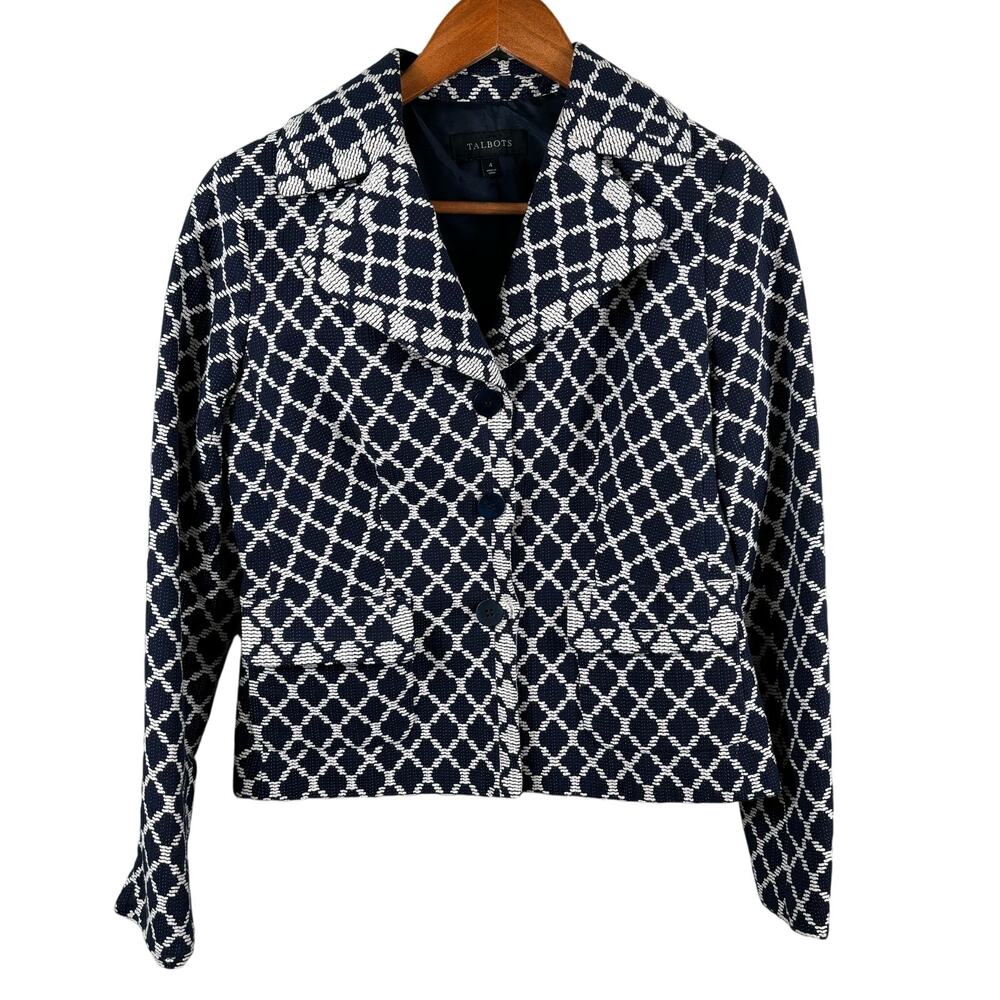Talbots Women's Size 4 Navy Blue & White Geometric Print Blazer Jacket